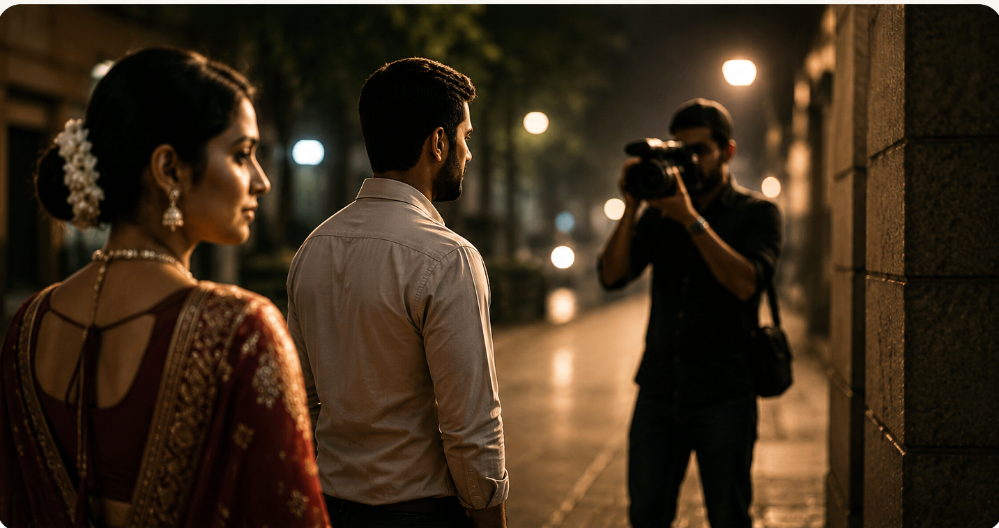 Photographer discreetly documenting a couple at night for a matrimonial investigation