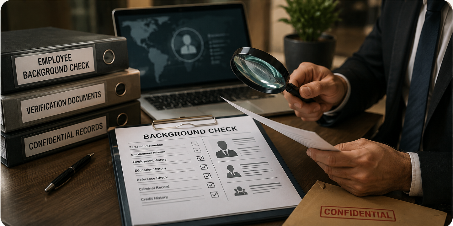 Background check checklist reviewed with a magnifying glass alongside employee record binders