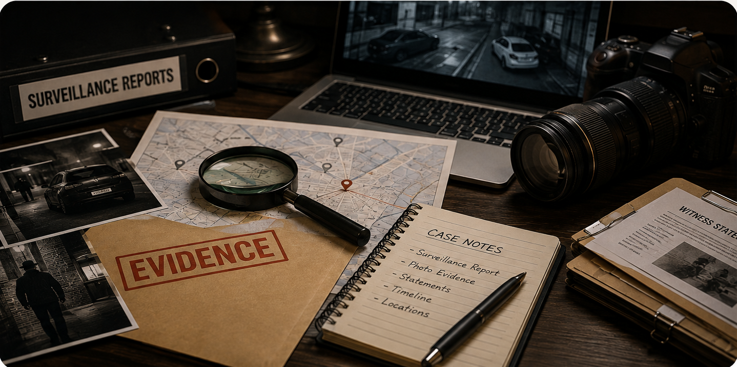 Surveillance evidence envelope, case notes, and tracking map on a desk