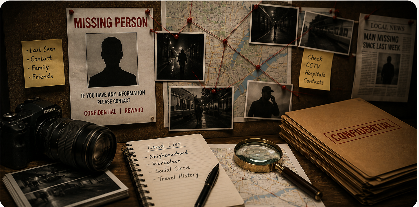 Missing person board with tracked locations, lead list, and case files
