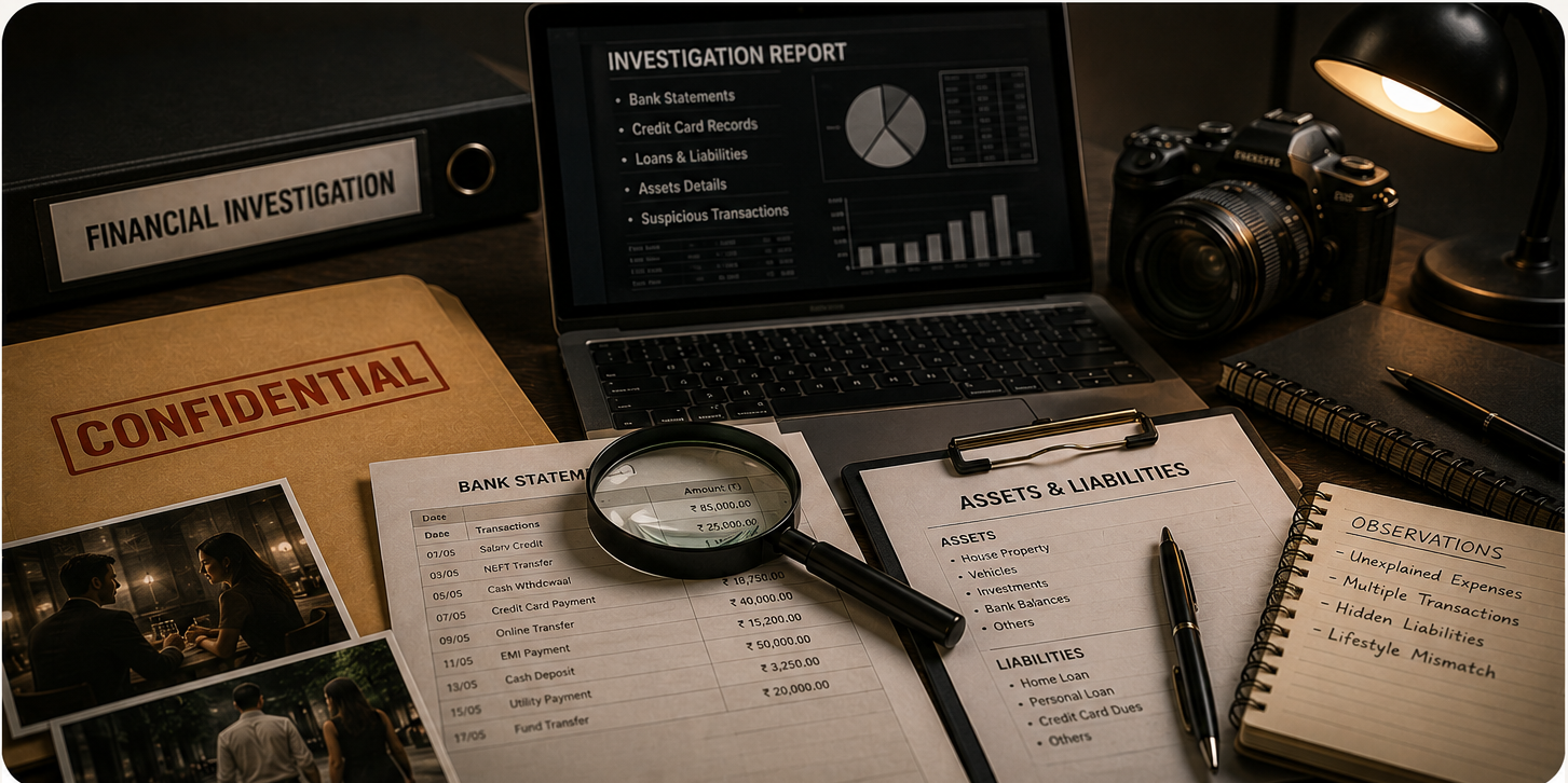 Financial investigation report, bank statements, and assets and liabilities sheet