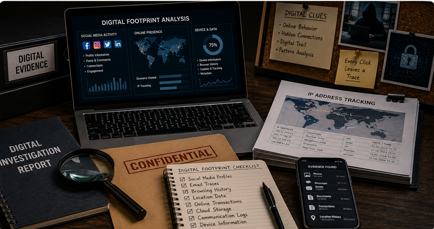 Digital footprint analysis dashboard with IP address tracking and evidence checklist