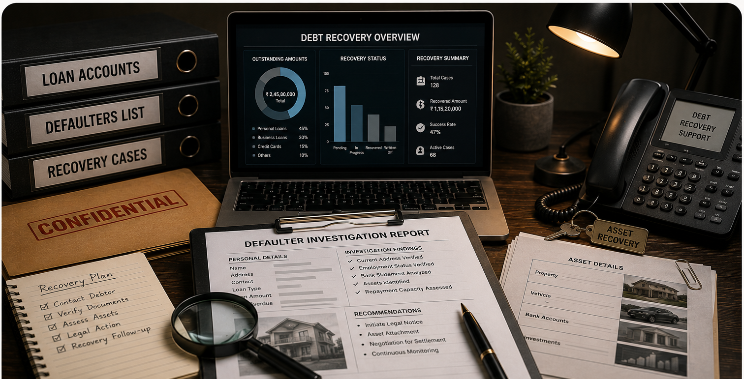 Debt recovery overview dashboard with defaulter investigation report and asset details